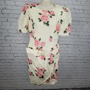 VTG Richard Warren Evening Ivory Silk Rose Bow Puff Sleeve Dress Retro Size 6 - Picture 1 of 14
