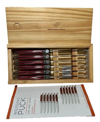 Cuchillos para carne Wolfgang Puck 6 piezas 4,5" de acero con caja de almacenamiento de madera mango de arándano Foto 1 de 4