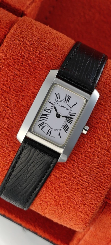 Bucherer Newton Tank Watch White Roman Dial Lizard Strap Swiss Quartz 20x30mm - Image 1 of 4
