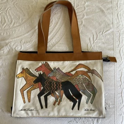 Laurel Burch ‘Native Horses’ Canvas Bag Leather Handles 18x13 - Image 1 of 4