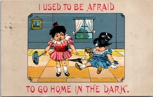 I Used to Be Afraid To Go Home in the Dark Frying Pan Girl Boy 1910s Postcard - Picture 1 of 2