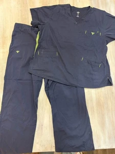 Women's Med Couture Navy & Lime Scrub Top & Bottoms Set w/ Pockets Size XL - Picture 1 of 19