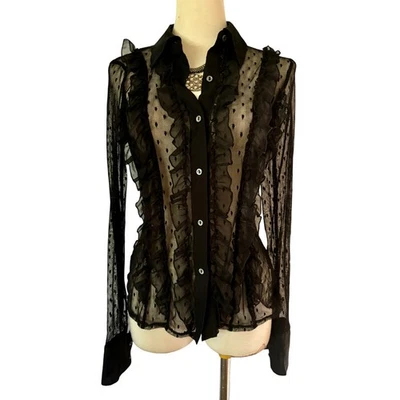 Top Cache Negro Nylon Seda Malla Transparente Punto Encaje Volantes Botón Frontal Nuevo con Etiquetas $118 Foto 1 de 4