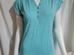 Liz Claiborne Womens Pullover Button V-Neck Top Size PM Polka-dot Teal - Picture 1 of 10