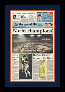 DETROIT TIGERS WIN 1984 MATTED WORLD SERIES PIC OF NEWSPAPER FRONT PAGE - Picture 1 of 1