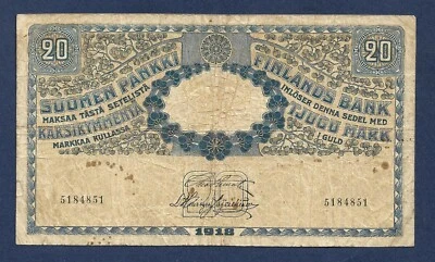 (DN) Finland 20 Gold Mark Markkaa 1918 P-38 Fine+ - Image 1 of 2