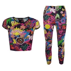 New Girls Comic Print Stylish Crop Top & Comic Book Pinkish Fashion Legging Set - Picture 1 of 2