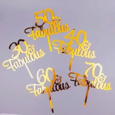 Gold Mirror Acrylic Cake Topper 30 40 50 60 70 & Fabulous Birthday Deco - image 1 of 4