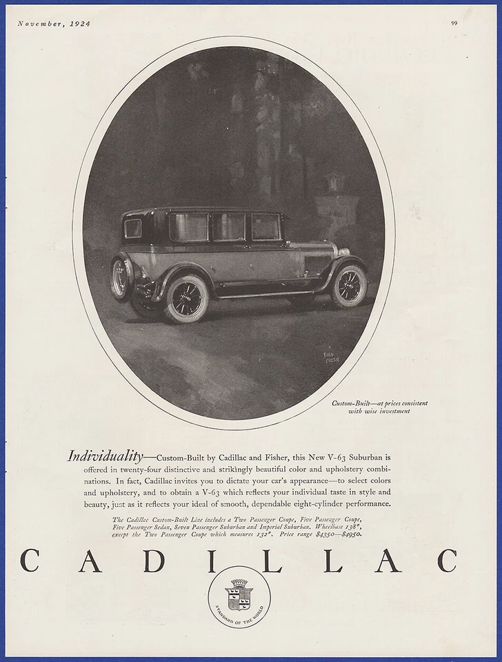 Vintage 1924 CADILLAC V-63 Automóvel Carro Fred Mizen Arte 1920 Impressão Anúncio - Imagem 1 de 1