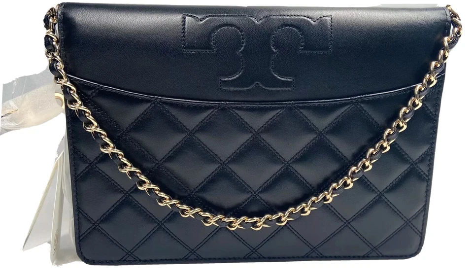 Tory Burch Black Savannah Clutch Quilted Leather Crossbody Purse Bag
