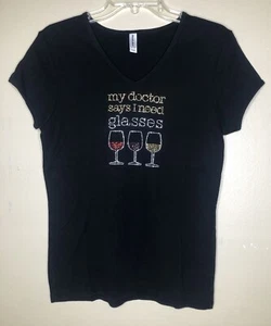 Camiseta Mensaje Top Grande Ajustada Negra con Brillos Gemas Vino Beber Alcohol - Imagen 1 de 5