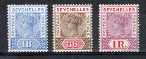 Seychelles 1897-1900 18c, 36c, 1r Queen Victoria valores SG 31, 32 y 34 MLH/MHH - Imagen 1 de 1