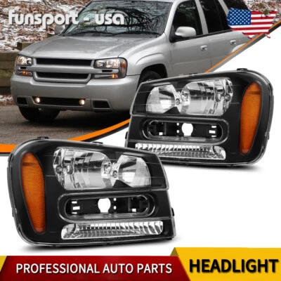 Headlights Assembly For 2002-2009 Chevy Trailblazer Black Housing Headlamp Pair - Image 1 of 4