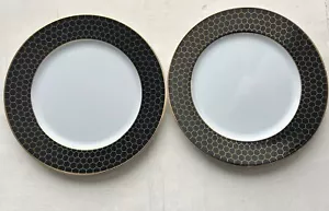 Williams Sonoma Honeycomb 10.5" Dinner Plates Set of 2 New Black Gold Portugal - Picture 1 of 6