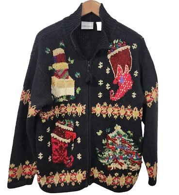 Cárdigan de Navidad Feo Negro Bug Moda Vintage Suéter Campanas Arcos Vacaciones XL Foto 1 de 4