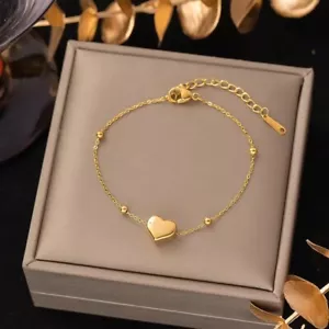 Woman 18K Gold Plated Stainless Steel Cute Heart Charm Bracelet Bangle Polished - Picture 1 of 1