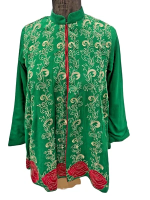 Винтажная зеленая туника Ran Ja с серебряным вышитым красным цветочным узором топ XS - Изображение 1 из 4