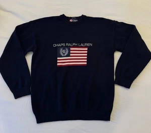 VINTAGE CHAPS RALPH LAUREN Sweater Mens Medium USA Flag Hand Knit Pullover Y2K - Picture 1 of 7