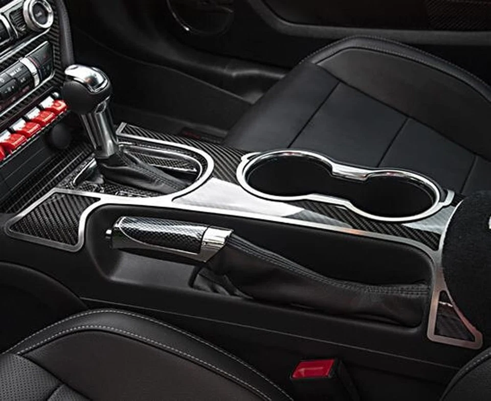 Carbon Fiber Shifter Plate w/Brushed Trim for 2015-2021 Ford Mustang - Image 1 of 4
