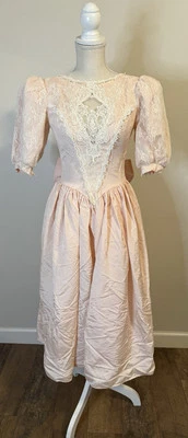 Vtg Gunne Sax Jessica McClintock Pink Taffeta Lace Dress Puffed Sleeves Sz 5/6 - Image 1 of 4