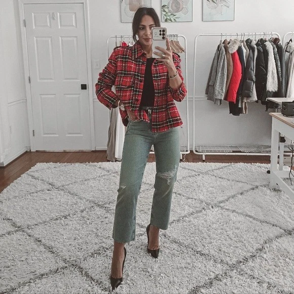 Chaqueta corta informal a cuadros de tweed de Zara talla L Foto 1 de 4