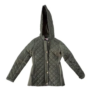 C I SONO Kids Olive Quilted Hooded Jacket Size M 10 Zip Snap Pockets - Picture 1 of 10