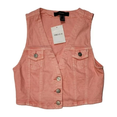 NUEVO Chaleco Denim Forever 21 Mujer 3 Botones Rosa Cuello en V Talla M Foto 1 de 4