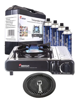 Camping Gaskocher  mit 4  Gaskartuschen  + Grillplatte und Transportkoffer - Bild 1 von 4