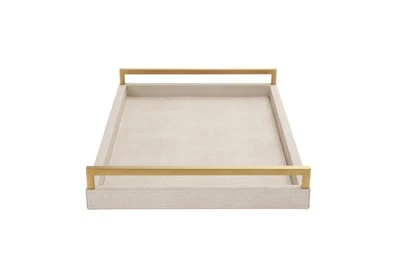 Ivory Shagreen Leather Serving Tray with Gold Handles, 17.7x11.8Inch Large Wo... - Image 1 of 4