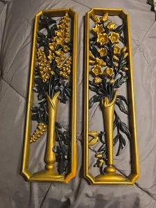 2 Vintage 1960er Wandpaneel Dekor Floral MCM Blumen Burwood Hollywood 17" x 4,5" - Bild 1 von 7
