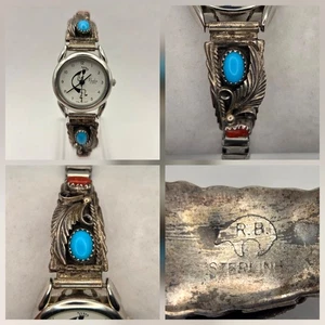VTG Native American Watch Sterling Silver Tips Running Bear Turquoise & Coral - Picture 1 of 17