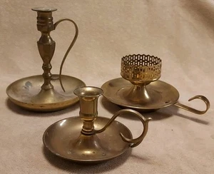 LOT ~ 3 Solid Brass Candlestick Holders w/ Finger Loop Handle & Drip Tray - Picture 1 of 17