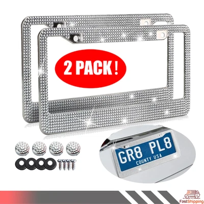 2PCS Bling License Plate Frame Glitter Crystal Sparkling Rhinestone Diamond Caps - Image 1 of 4