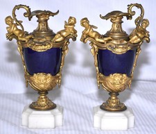 2 Vintage French Victorian Edwardian Cobalt Blue Glass & Metal Cherub Ewer Vases