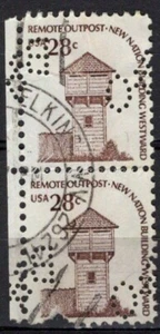 Perfins USA 1975, Sc1604 2x 28c Fort Nisqually. Used B&O - Picture 1 of 3