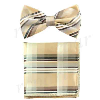 Nuevo Conjunto de Pajarita y Pañuelo Pre-atado Para Hombre Beige Marrón Cuadros y Cuadros Formal  Foto 1 de 4