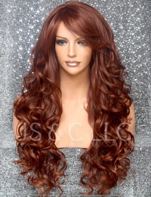 Peluca larga rizada mezcla cabello humano calor OK mezcla castaño rojizo flequillos en capas 33-130 nueva con etiquetas WBBT Foto 1 de 4