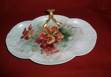 Limoges Porcelain Nappy ~ Hand Painted Red/Orange Flowers ~ Wg & Co, France