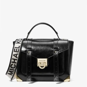 Michael Kors Manhattan Medium Black Gold Patent Leather Satchel Crossbody Bag - Picture 1 of 3