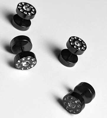 1x Fake Tunnel Plug Piercing Titan black Zirkonia weiß Ohrstecker Ohrringe neu - Bild 1 von 3