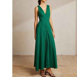 Sleeveless Button Front V-Neck Maxi Dress Green Casual Sundress - Picture 1 of 5