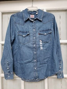Levi Straus Womens Pearl Button Down Denim Blue Western Washed Shirt Size Medium - Picture 1 of 8