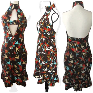 Vtg 70's Halter Mermaid Midi Dress S Brown Blue orange Birds Boho Festival Punk - Picture 1 of 19