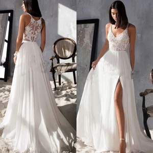 V-neck High Split Chiffon Wedding Dresses Lace Applique Thin Strap Bridal Gowns - Picture 1 of 7