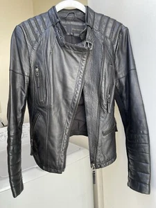 Zara Basic Biker Moto 100% Leather Jacket Black Zip Up Pockets Lambskin Womens S - Picture 1 of 10