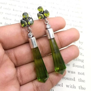 925 Sterling Silver Green Peridot Gemstone Handmade Jewelry Stud Earring - Picture 1 of 3