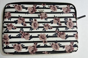 Kate Spade New York 15" Laptop Sleeve Holder Zip Around Pink Flower Black Strips - Picture 1 of 5