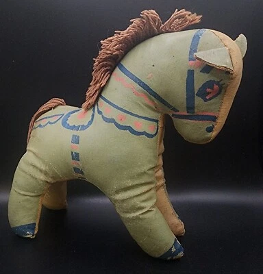 Juguete primitivo pintado al óleo de caballo vintage peluche bebé azul y rosa Foto 1 de 4