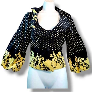 Anthropologie Elevenses Velvet Jacket Size 4 Black Cream Floral Puffy Sleeves - Picture 1 of 16