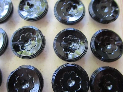Card of 24 ~Vintage 1/2"  black flower   Glass Buttons~new/old stock - Image 1 of 3